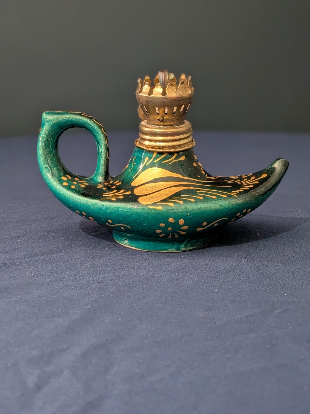 Hand-Painted Turquoise Green Gold Ceramic Oil Lamp Decor